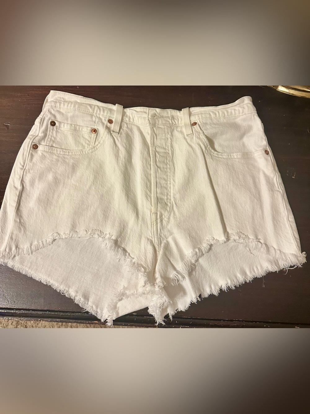 Levi's White High-Rise Frayed Hem Denim Shorts